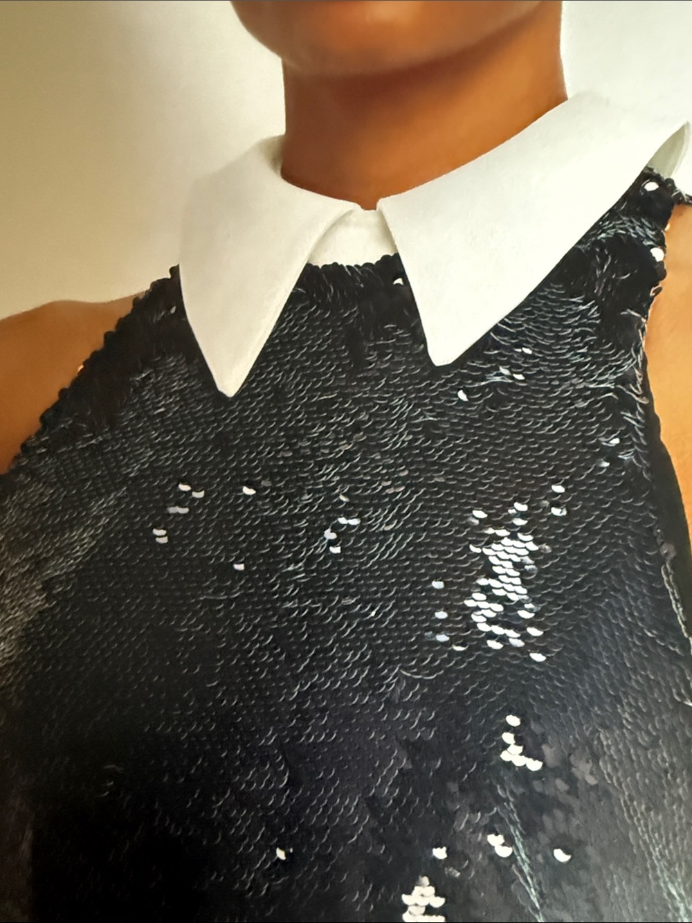 L'AGENCE Black Sequin Halter Midi Dress with White Contrast Collar - Picture 5 of 5